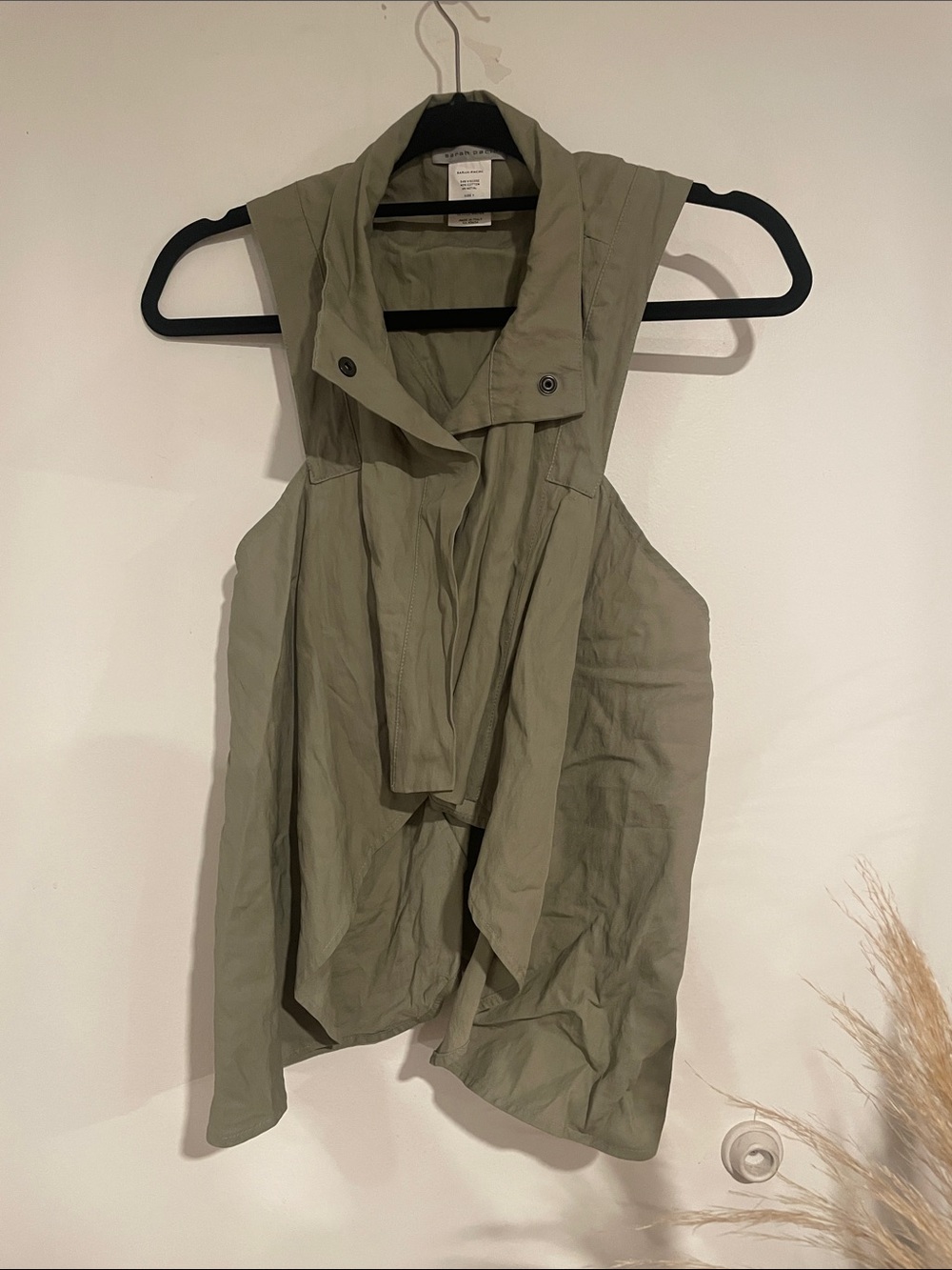 Sarah Pacini Asymmetrical Olive Green Sleeveless Vest Draped Collar Sz 1 B139